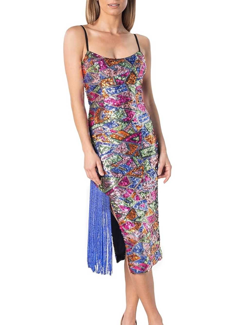 Dress the Population Rory Multicolor Sequin Fringe Midi Dress